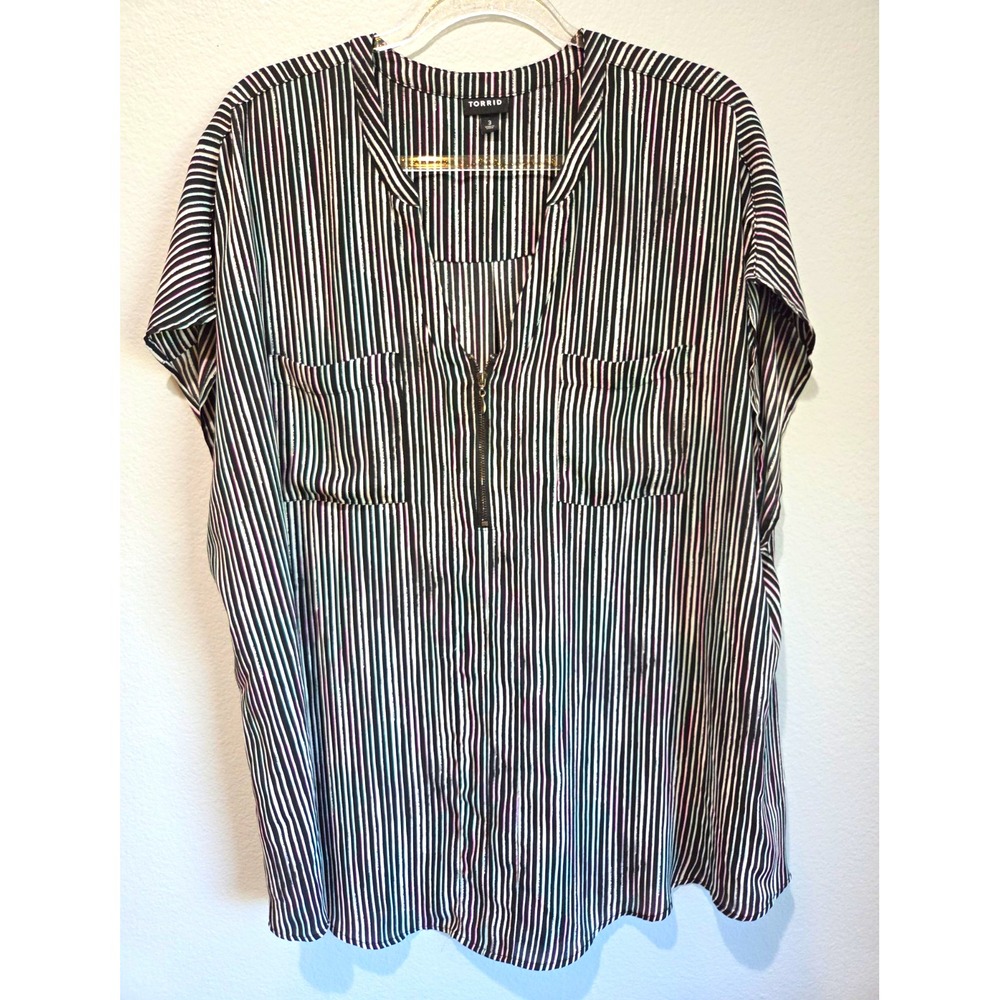 Torrid Women's Plus Size 3 Striped Chiffon, Dolman Quarter Zip, Cap Sleeve Tunic